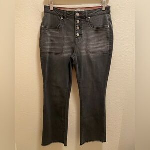 Frye & Co. Button Front Flare Fray Hem Jeans In Charcoal Wash Size 8